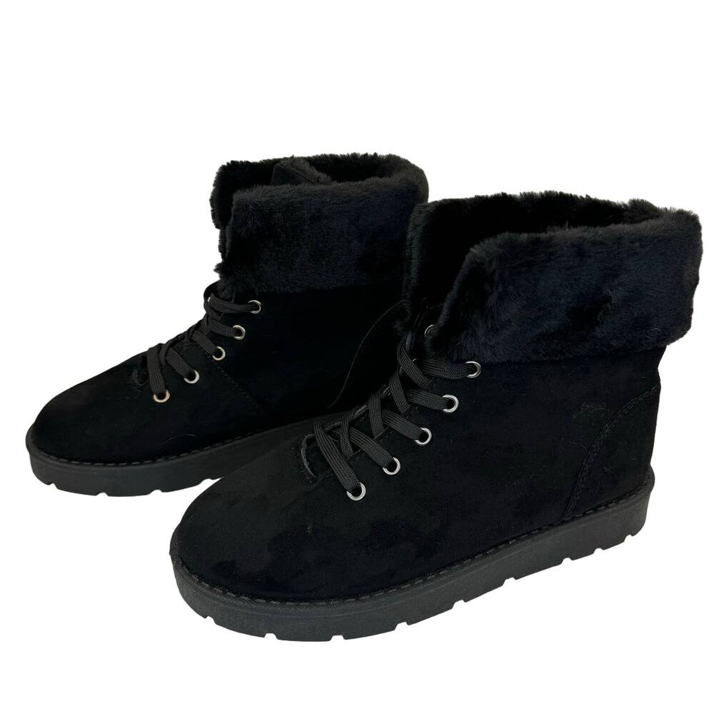 ROUGE HELIUM | Black Faux Fur Suede Lace Up Calf Booties | Women's 8 1/2